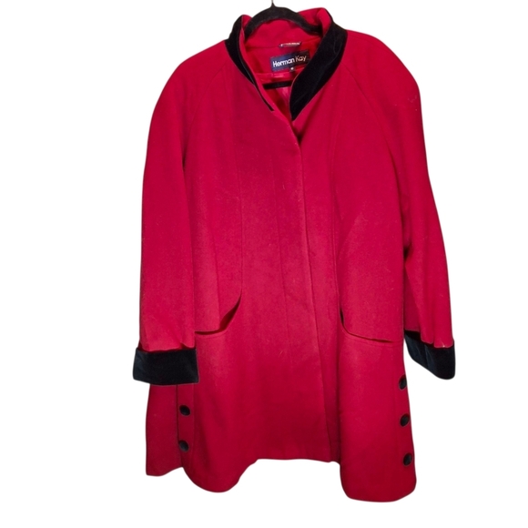 Herman Kay Jackets & Blazers - Herman Kay Red Wool and Black Velvet Trim Coat Vintage Women Size 16